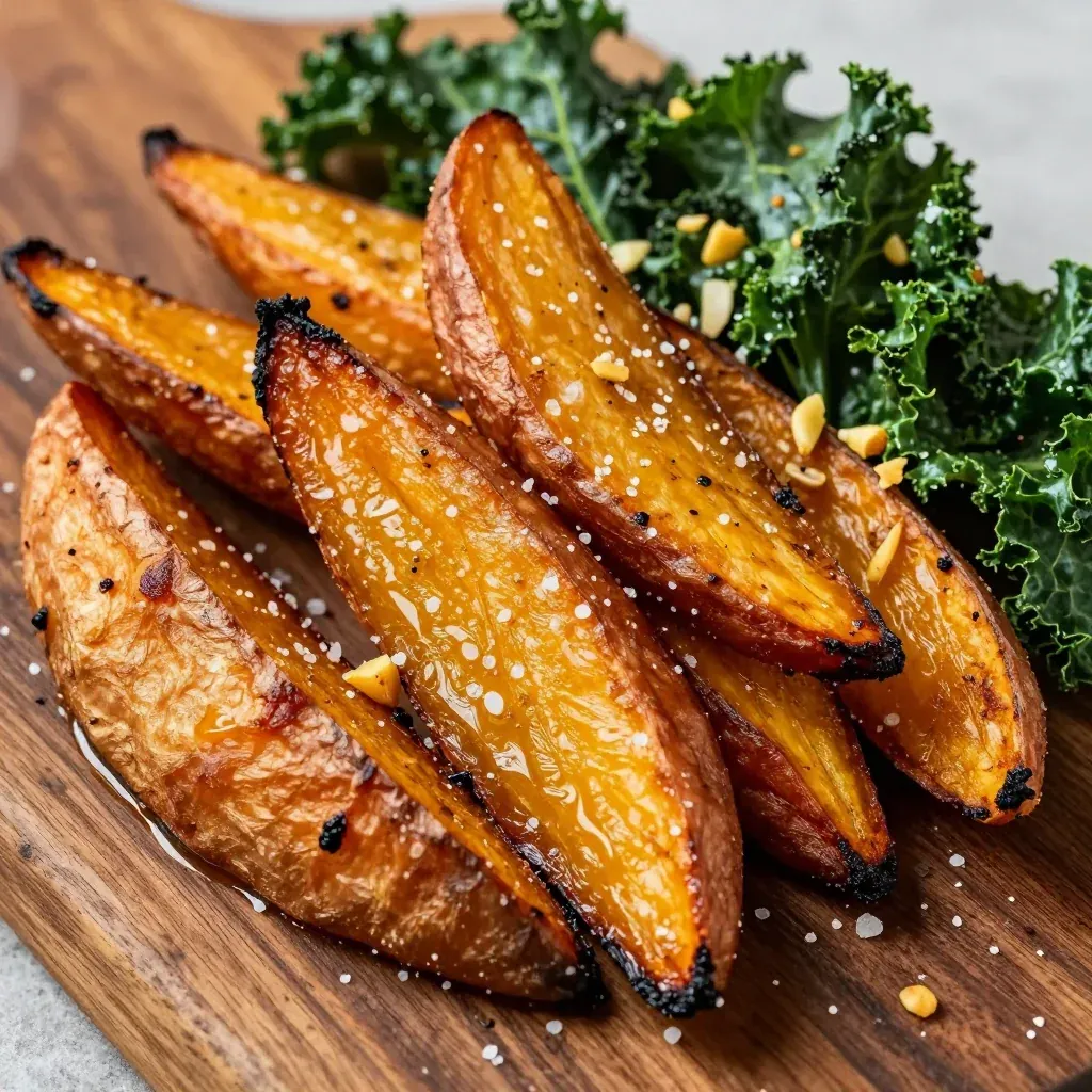 crispy roasted sweet potatoes and kale with garlic for healthy comfort