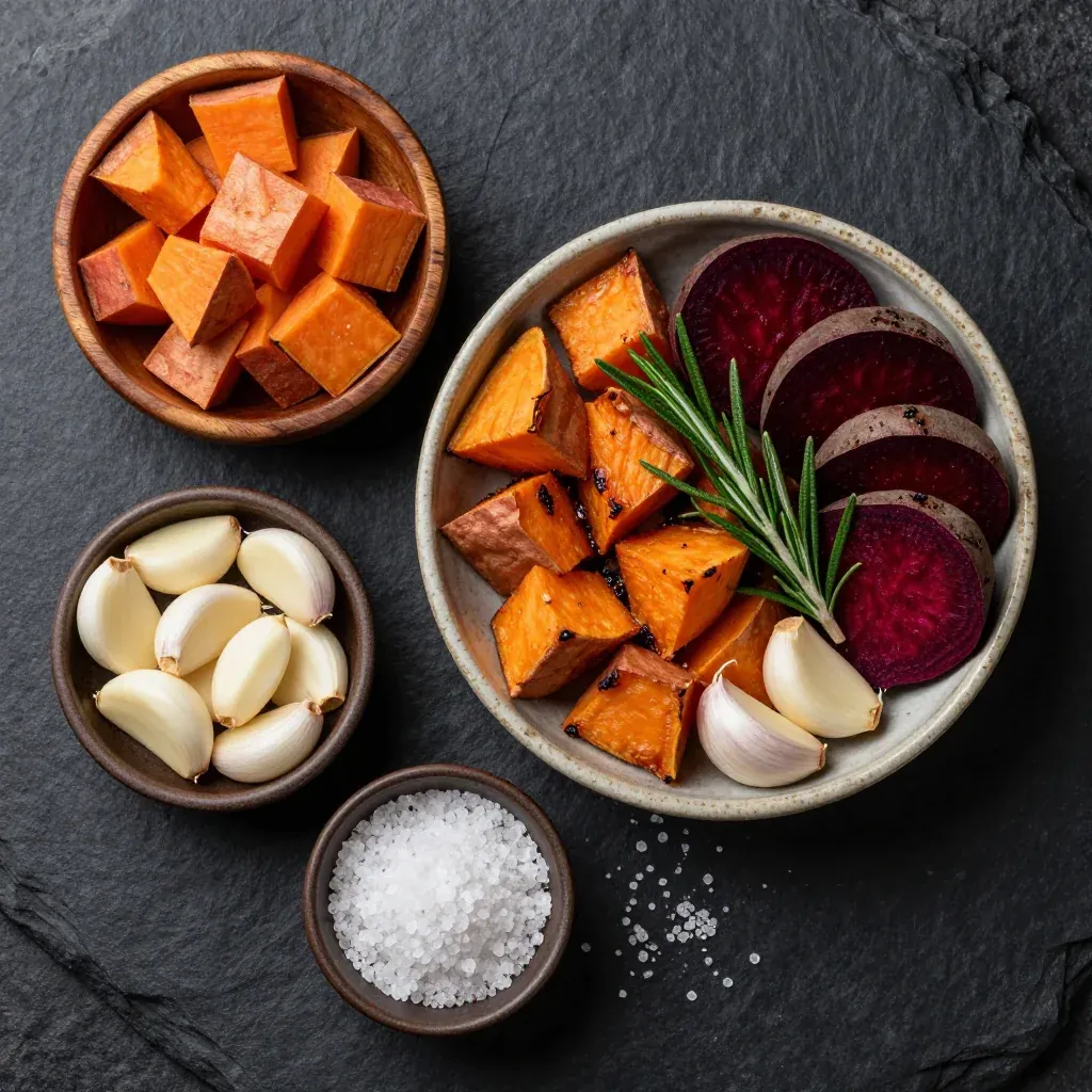 Ingredients for garlic and rosemary roasted sweet potatoes and beets for cold days