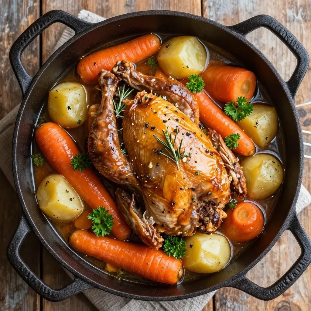 batch cooked turkey and root vegetable stew with rosemary and thyme
