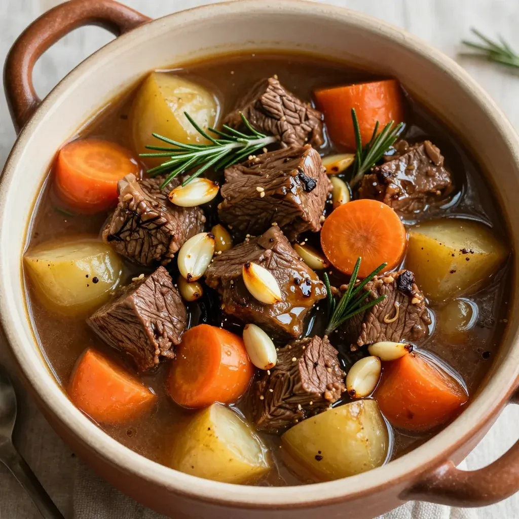one pot garlic and rosemary beef stew with mixed winter vegetables for families