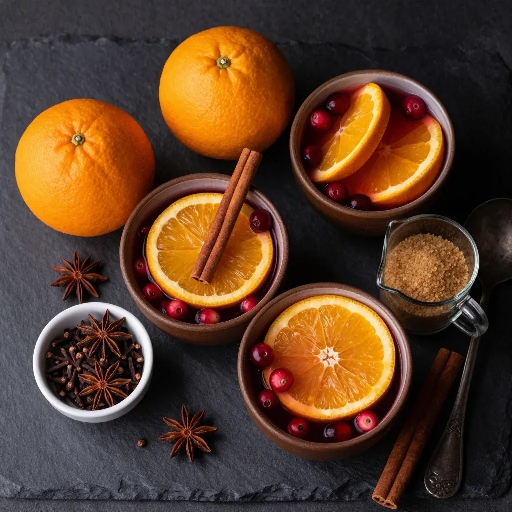 Ingredients for warm mulled cranberry punch with orange and cinnamon for parties