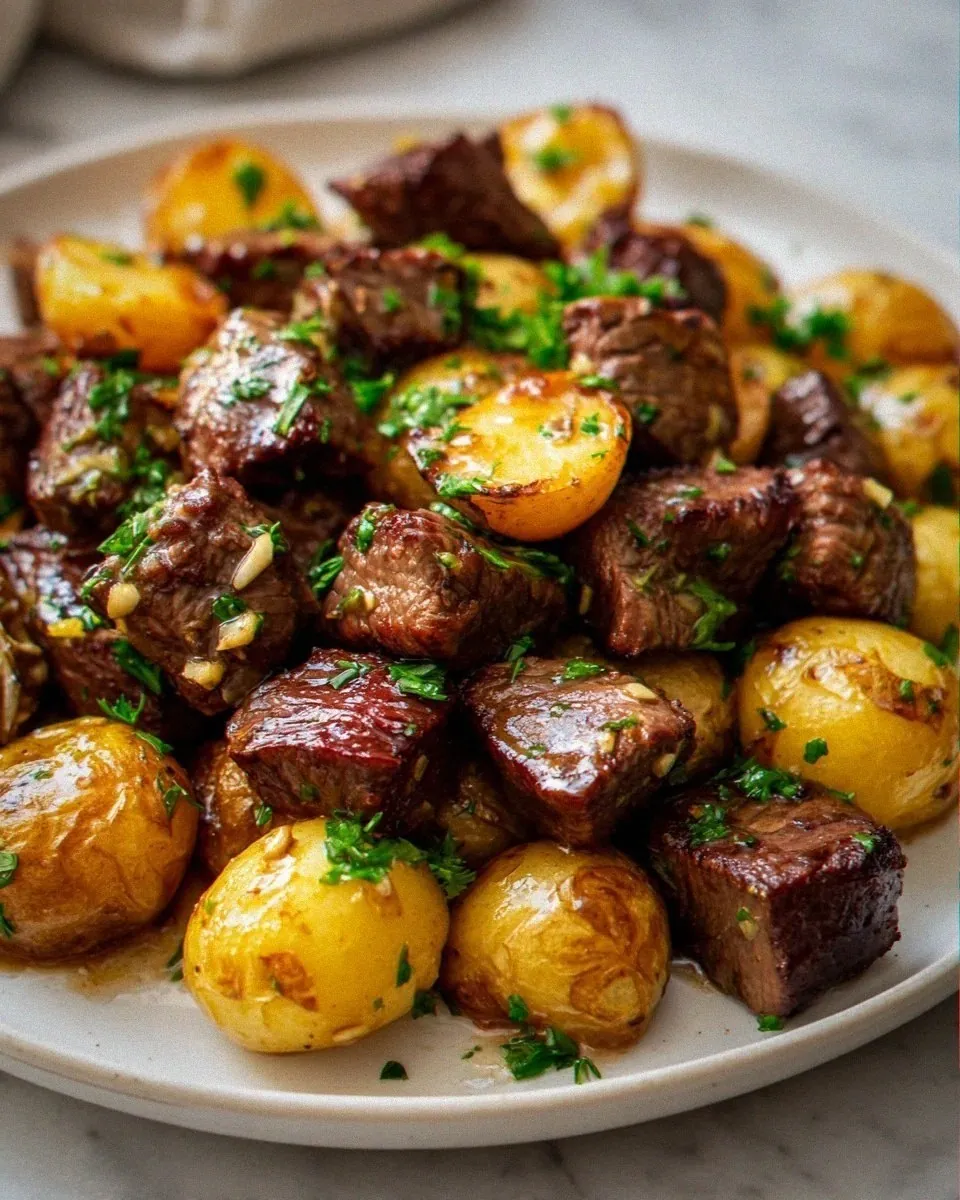 Juicy Garlic Steak Bites & Crispy Potatoes Recipe