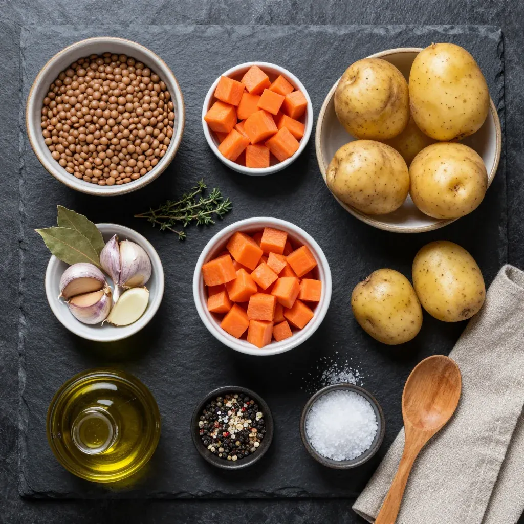 Ingredients for cozy slow cooker lentil and root vegetable stew with fresh carrots and garlic