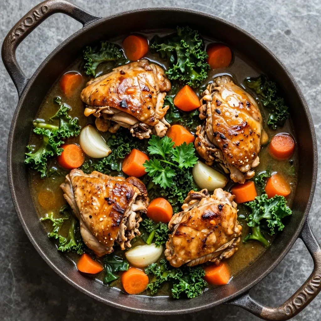 one pot chicken and kale stew with garlic and carrots for cold evenings