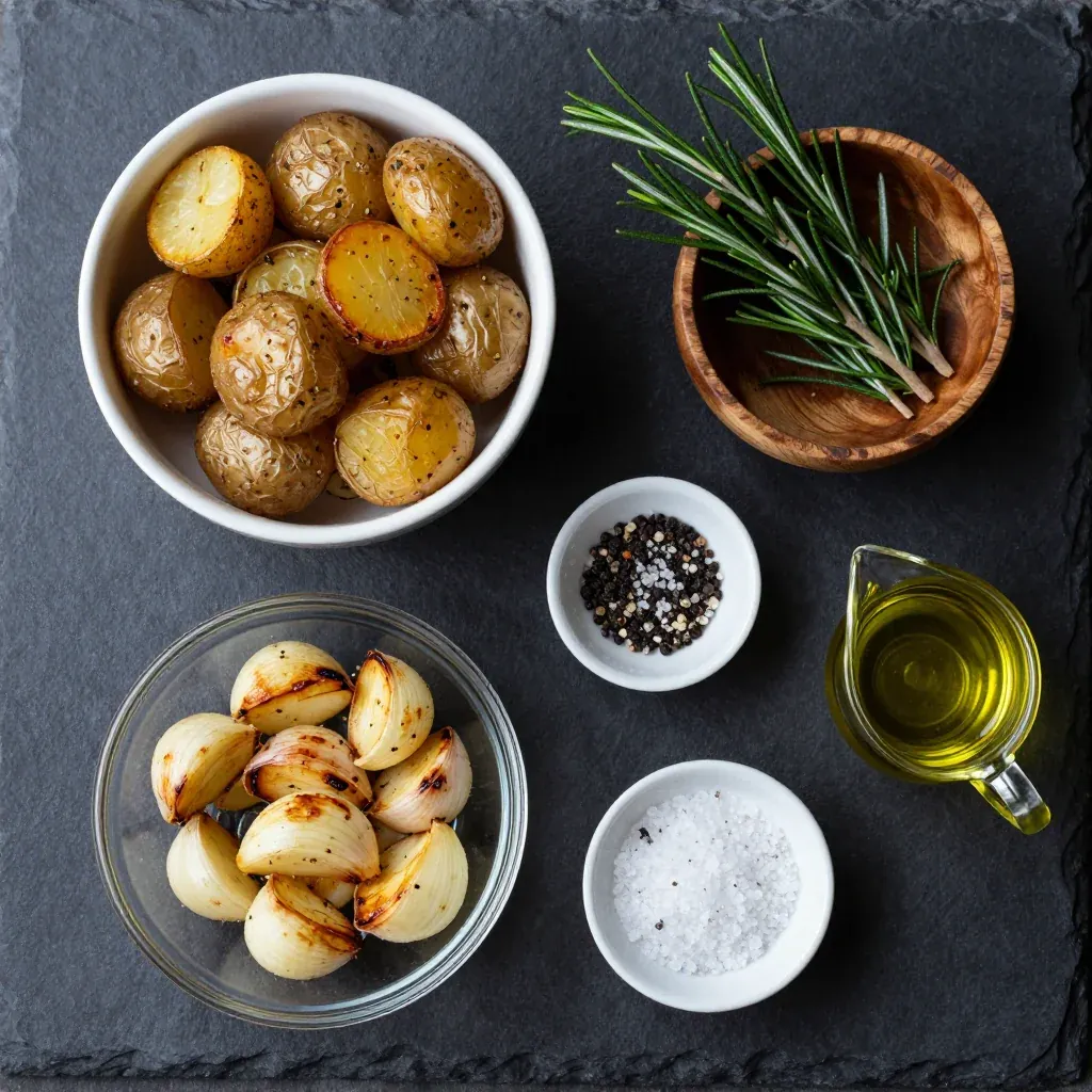 Ingredients for warm roasted garlic and rosemary potatoes for cozy winter dinners