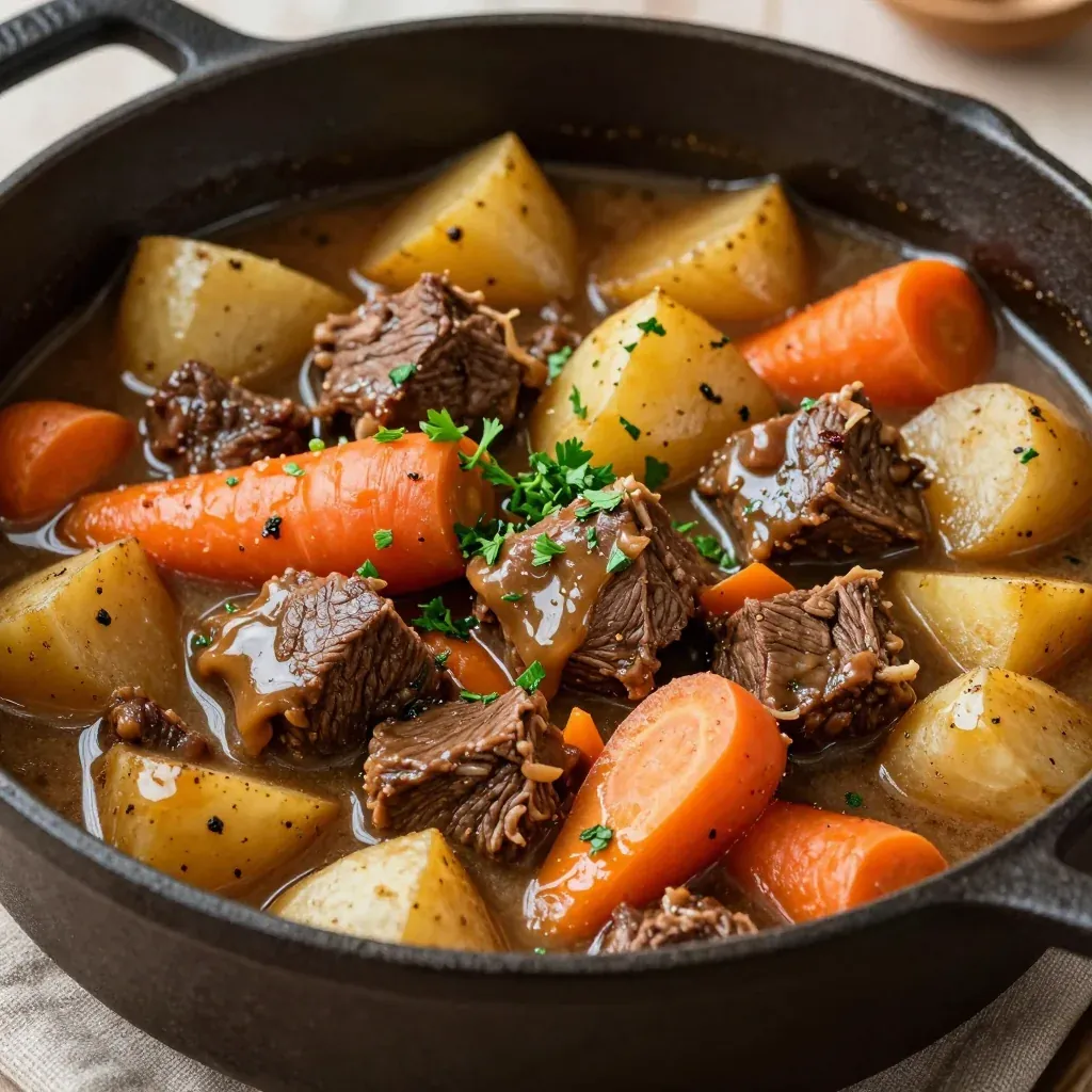 cozy onepot beef and winter vegetable stew with garlic and herbs