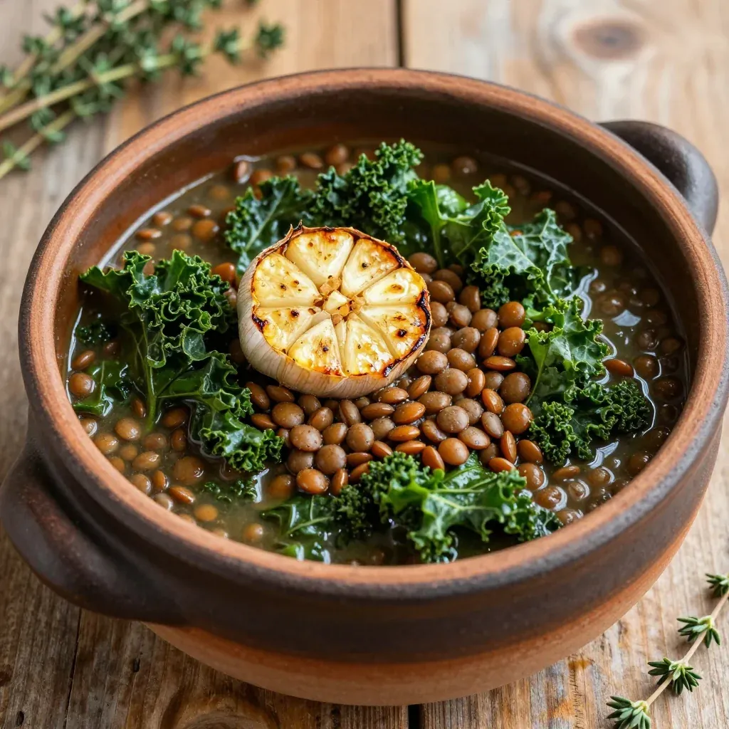 one pot lentil and kale soup with garlic for cozy family dinners