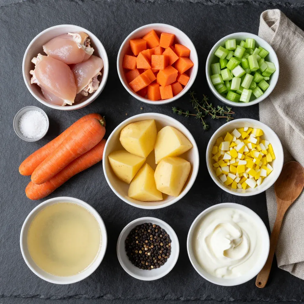 Ingredients for creamy slow cooker chicken and root vegetable soup for warm family nights