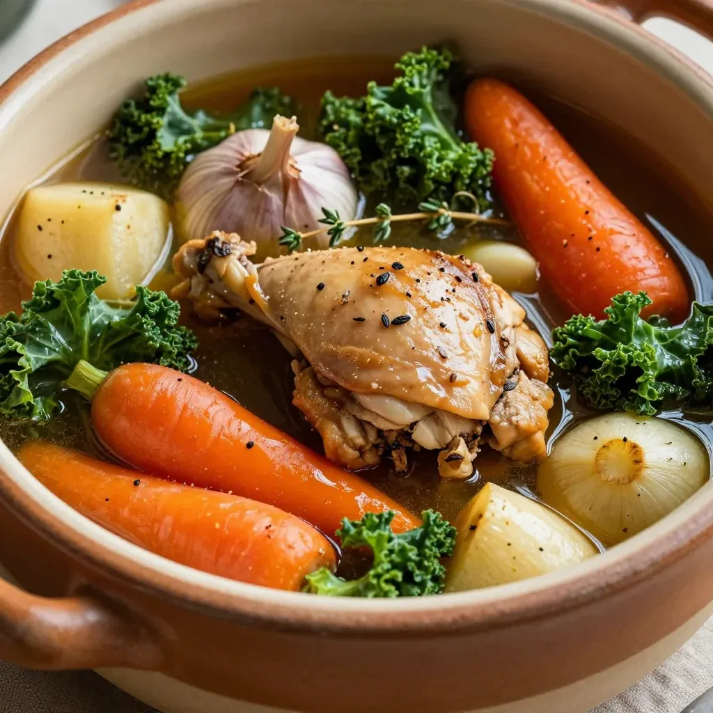 one pot chicken stew with winter vegetables and aromatic garlic
