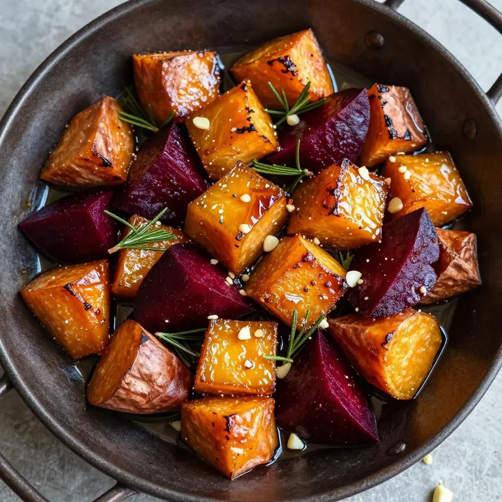garlic and rosemary roasted sweet potatoes and beets for cold days