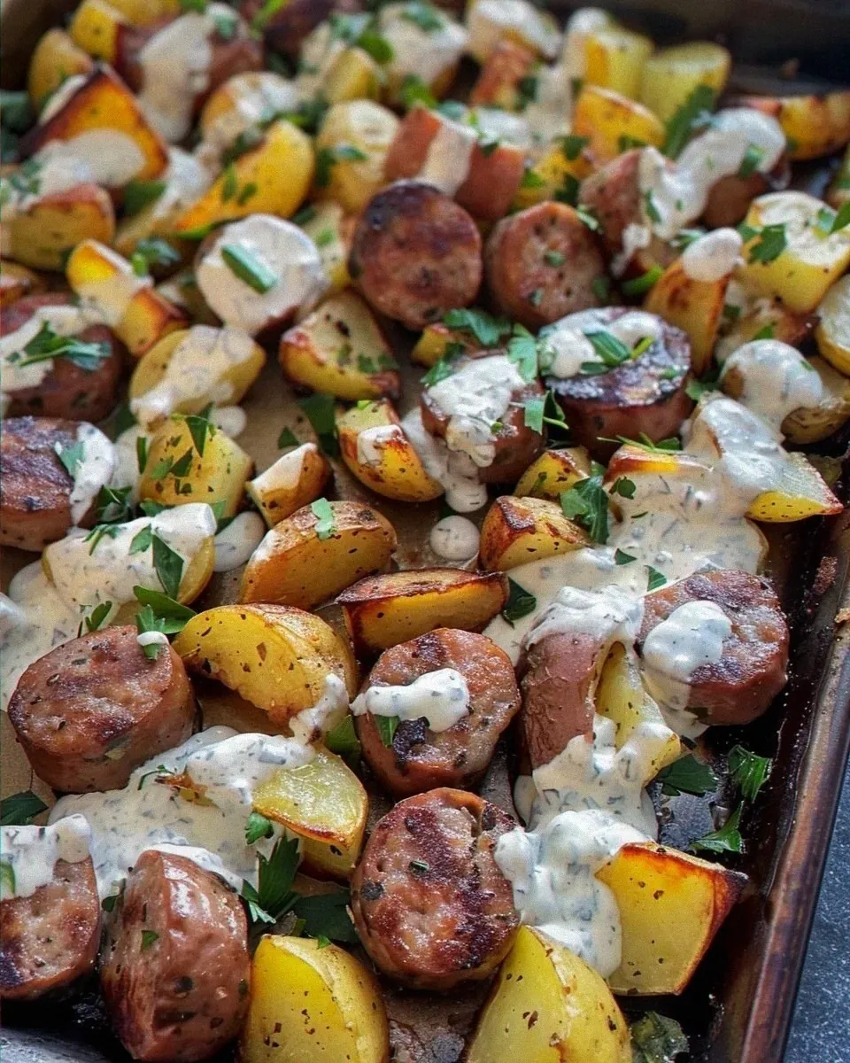 sheet pan sausage and potatoes with Greek Yogurt Sauce
