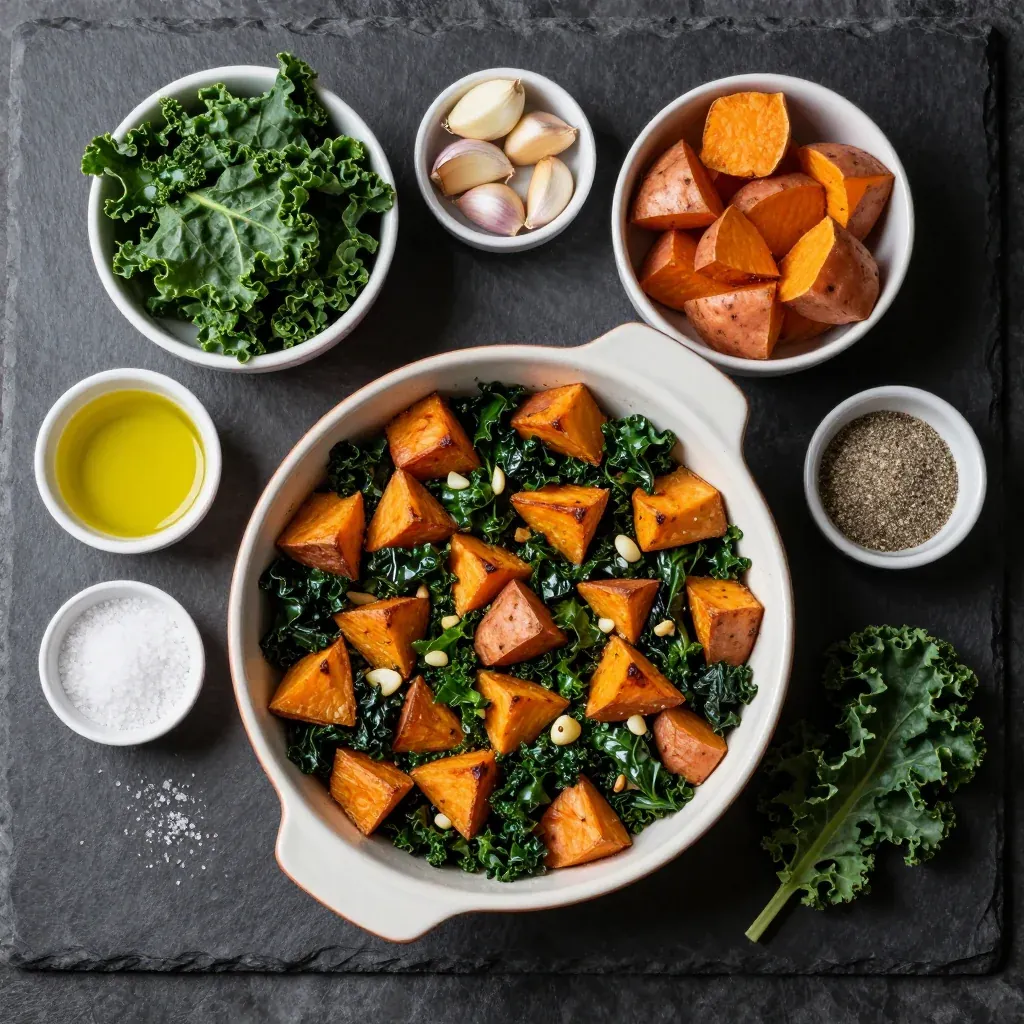 Ingredients for batch cooked sweet potato and kale casserole with garlic for cozy suppers