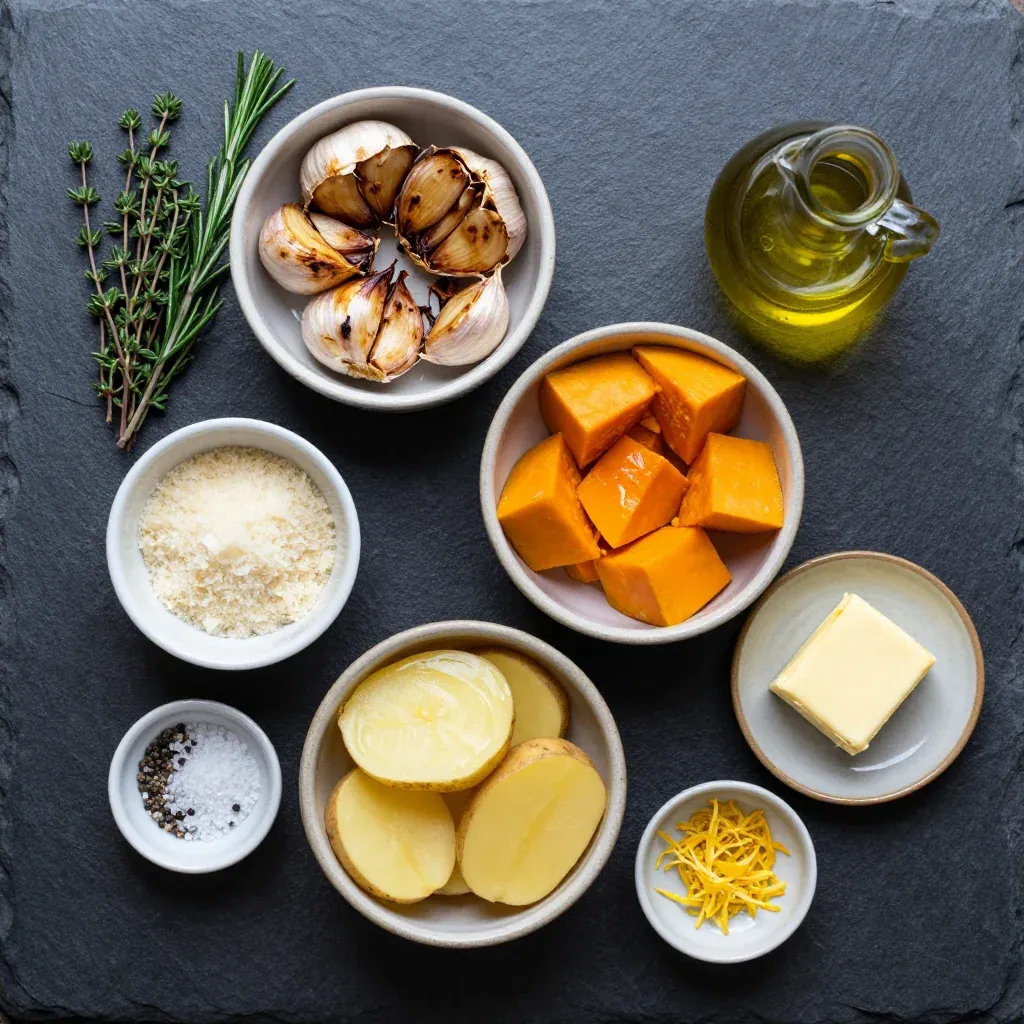 Ingredients for roasted garlic and herb winter squash and potato bake for cold days
