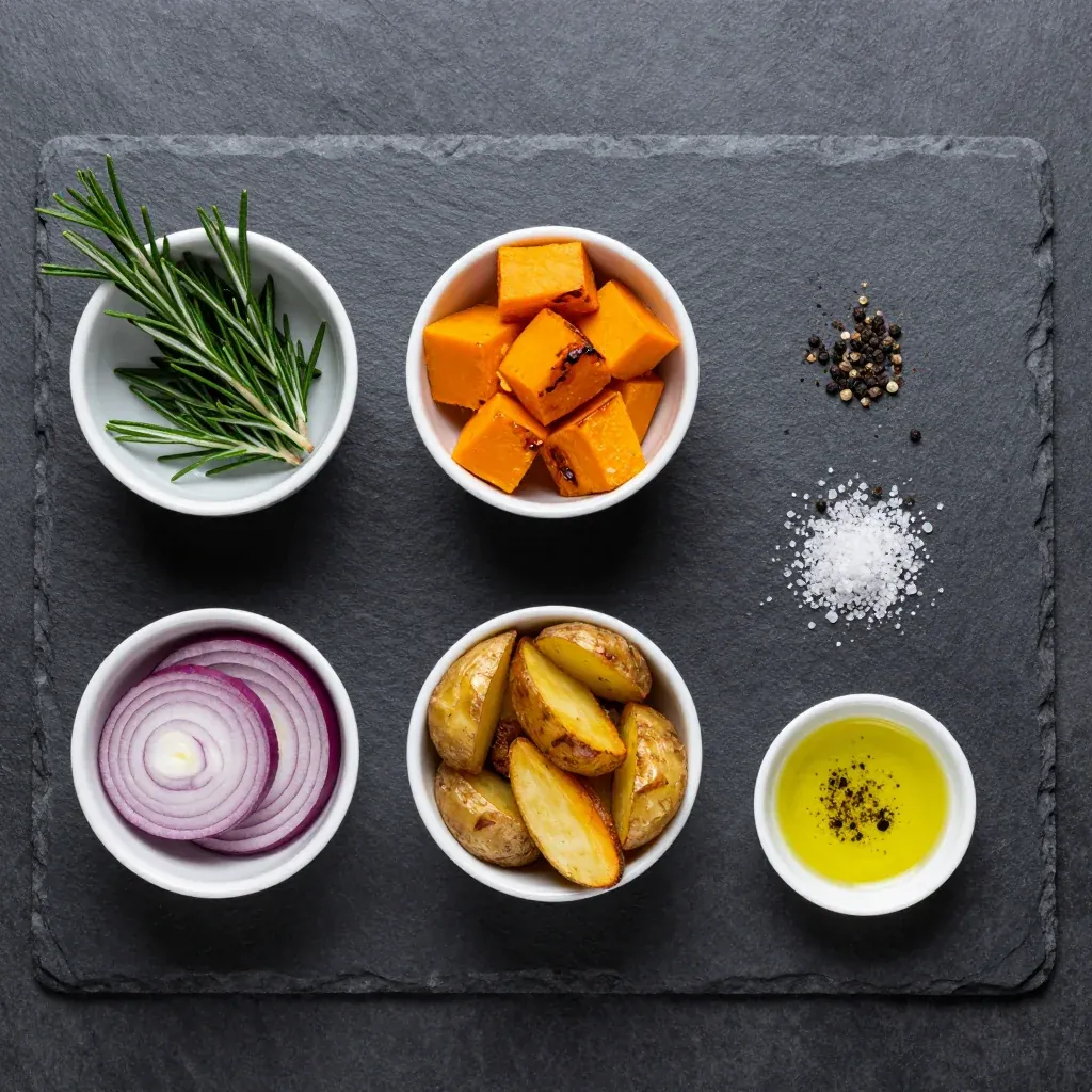 Ingredients for budget-friendly roasted winter squash and potato medley with rosemary