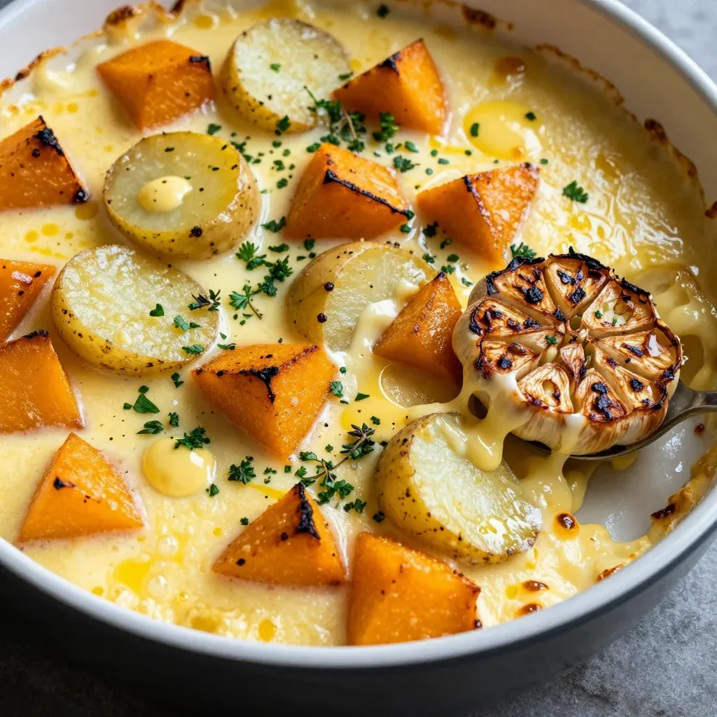 roasted garlic and herb winter squash and potato bake for cold days