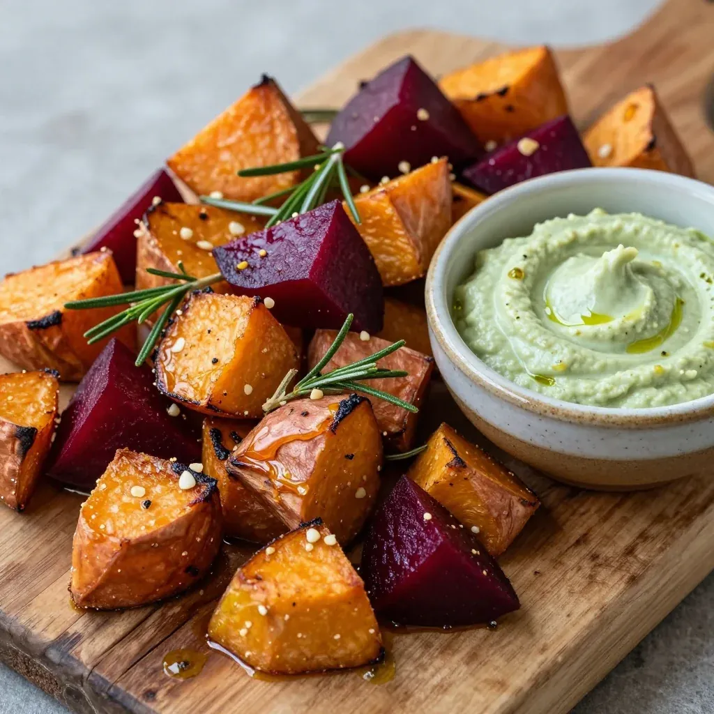 garlic and rosemary roasted sweet potatoes and beets for cold days