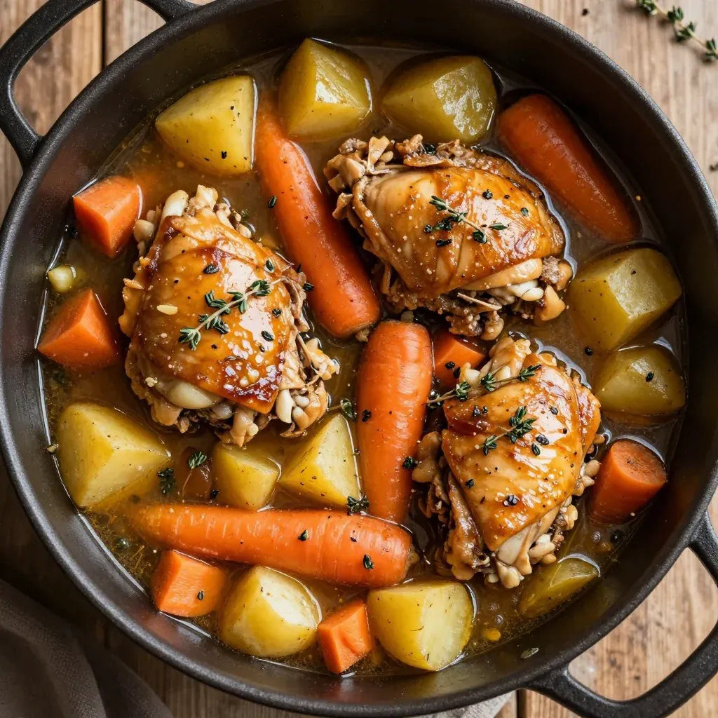 one pot chicken stew with winter vegetables and aromatic garlic