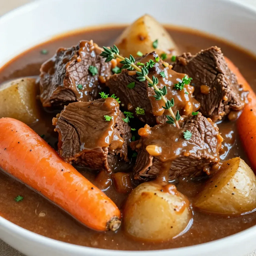 slow cooker garlic and thyme beef stew with root vegetables