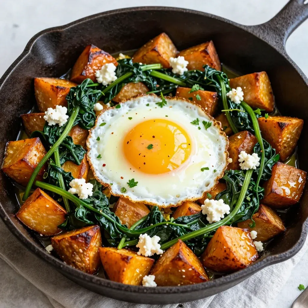 warm sweet potato and spinach breakfast hash for lazy mornings