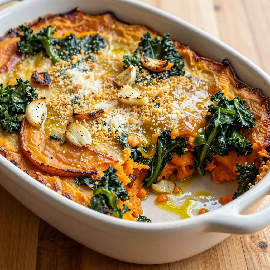 batch cooked sweet potato and kale casserole with garlic for cozy suppers