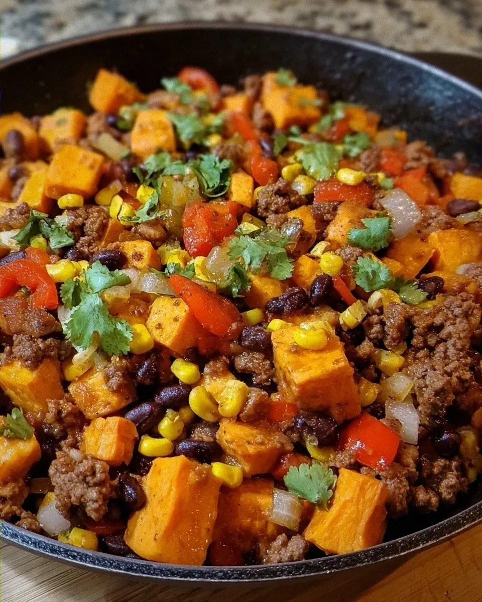 Southwest Ground Beef Sweet Potato Skillet