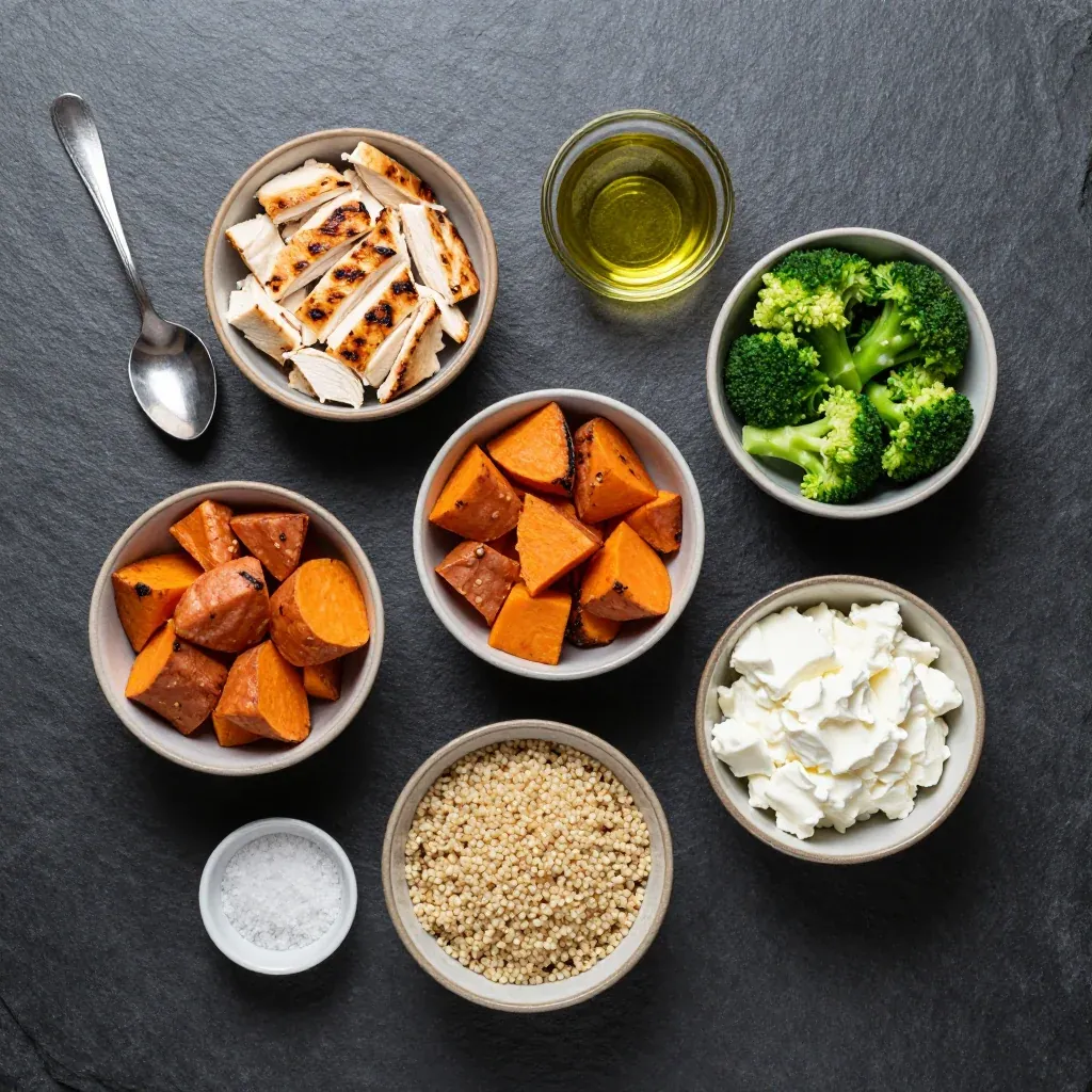 Ingredients for high-protein chicken and sweet potato meal prep