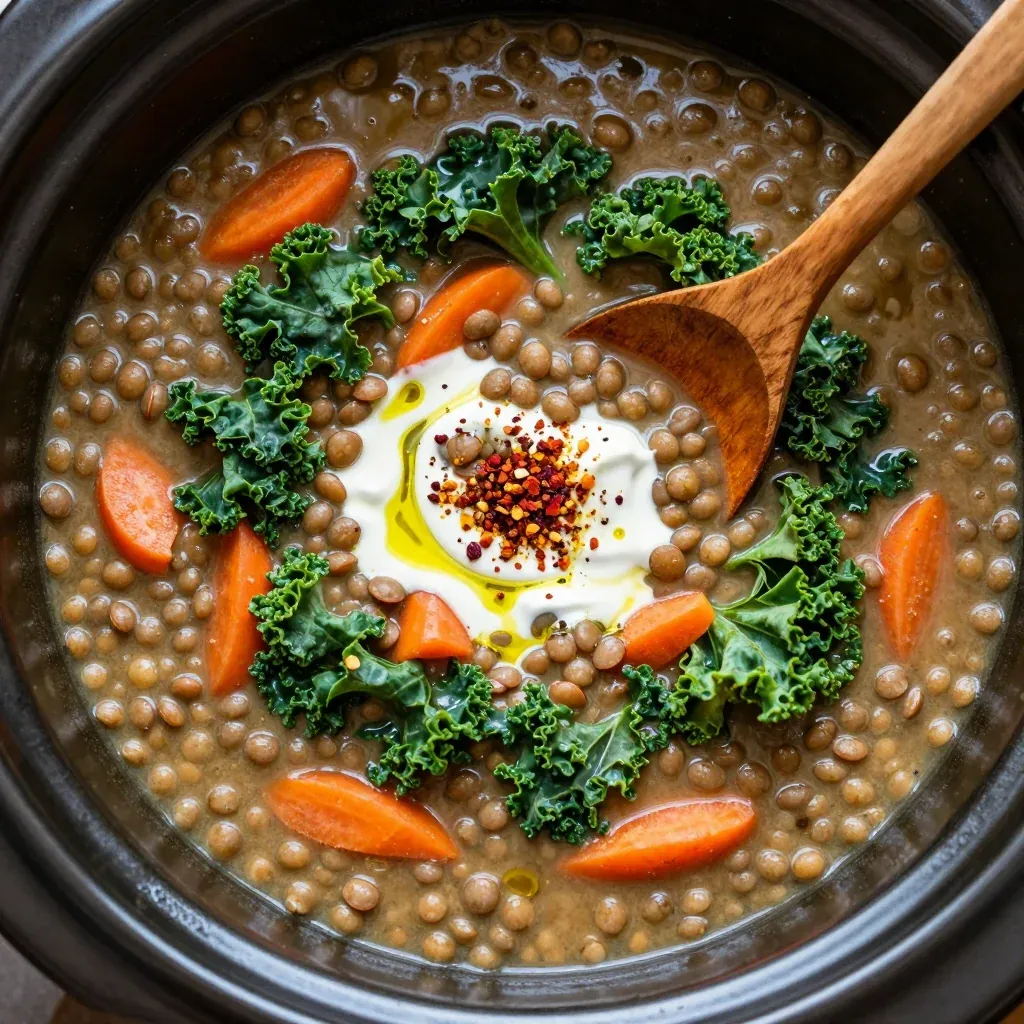 comforting slow cooker lentil soup with kale and carrots for winter