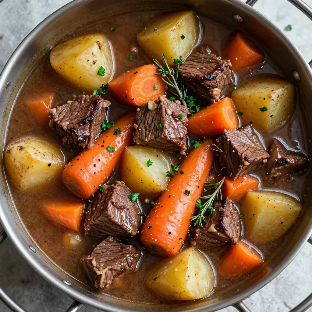 cozy onepot beef and winter vegetable stew with garlic and herbs