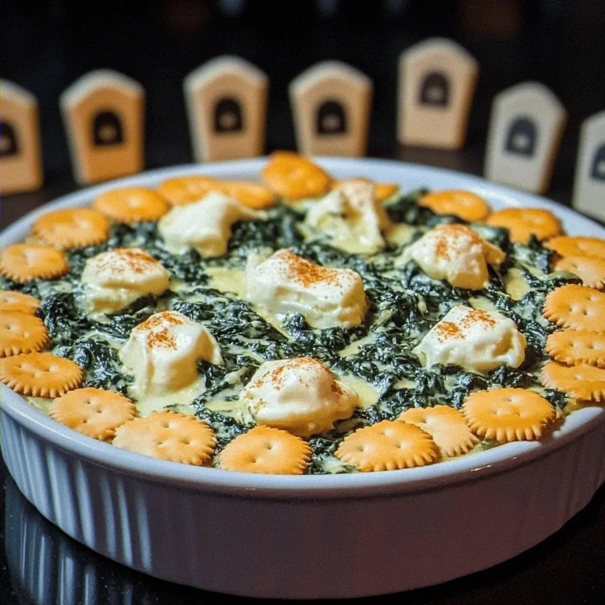 Spooky Halloween Graveyard Spinach Dip with Creamy Goodness