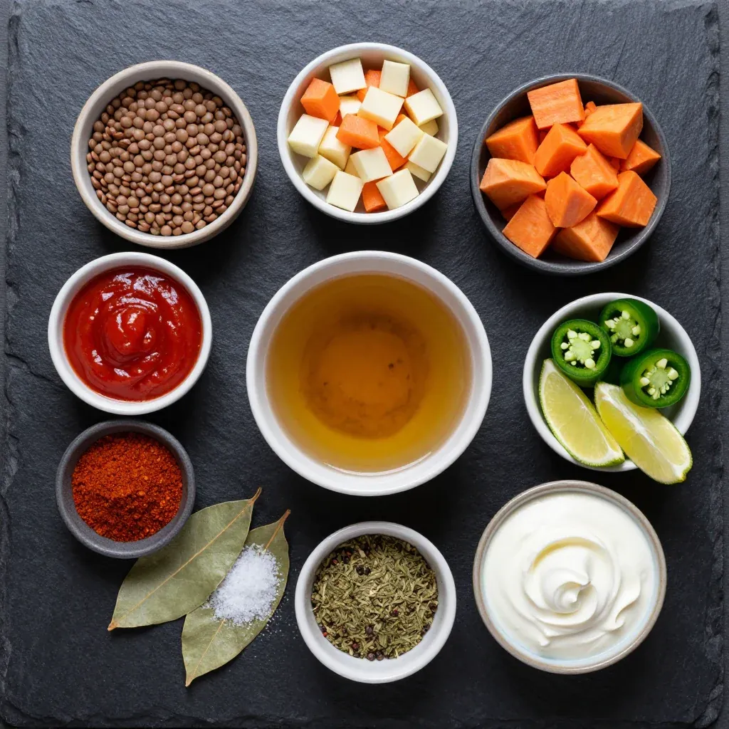 Ingredients for onepot lentil and root vegetable chili for easy family suppers