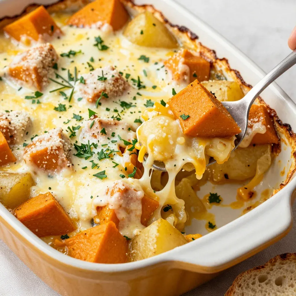 roasted garlic and herb winter squash and potato bake for cold days