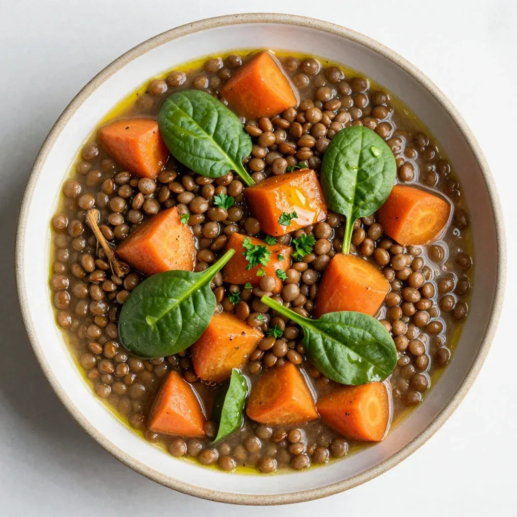 one pot lentil and root vegetable stew with spinach for easy meals
