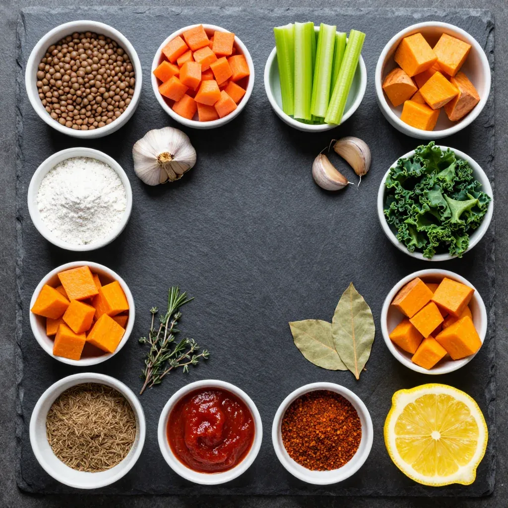 Ingredients for batch cook lentil and winter vegetable stew for family comfort and easy meals