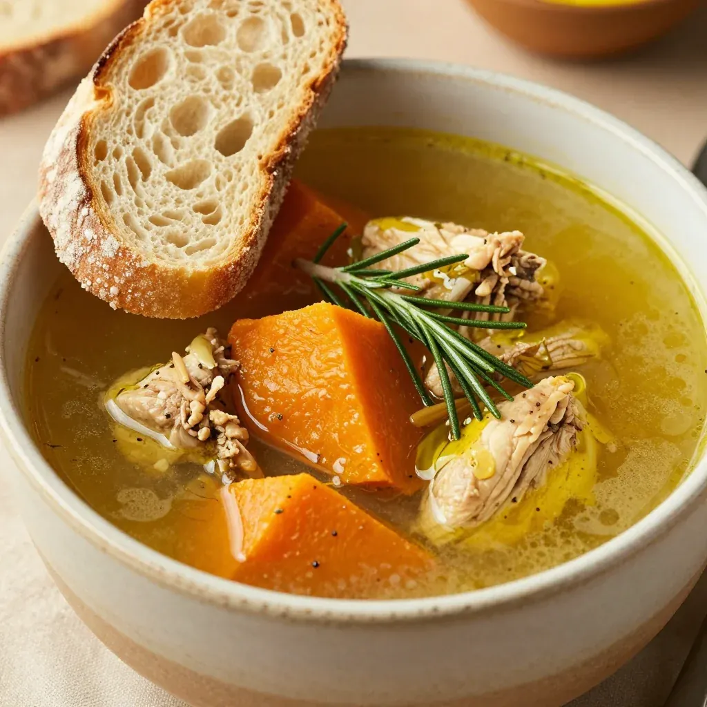 batch cooked chicken and winter squash soup with garlic and herbs