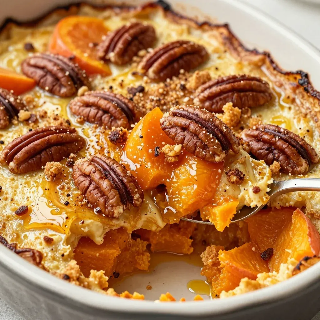 sweet potato and persimmon casserole with pecan topping for holidays