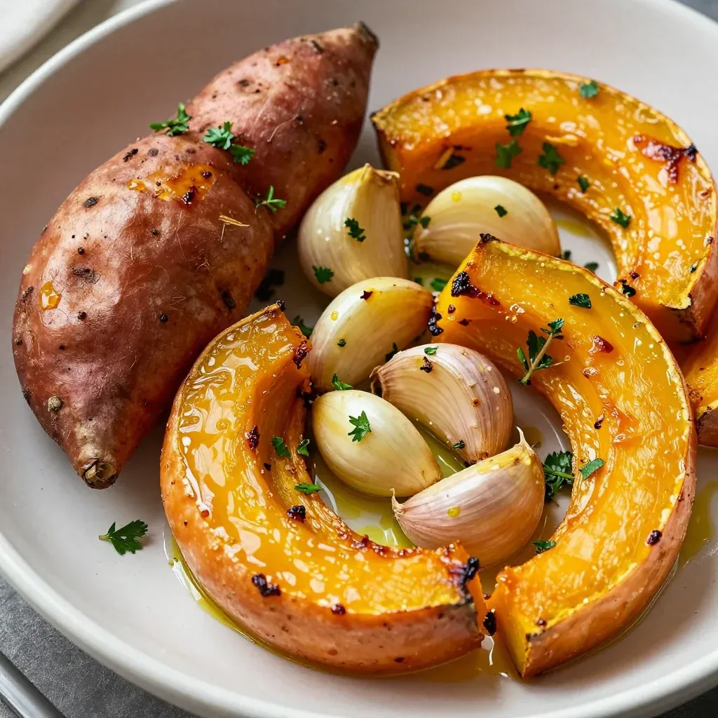 budgetfriendly garlic roasted sweet potato and winter squash medley