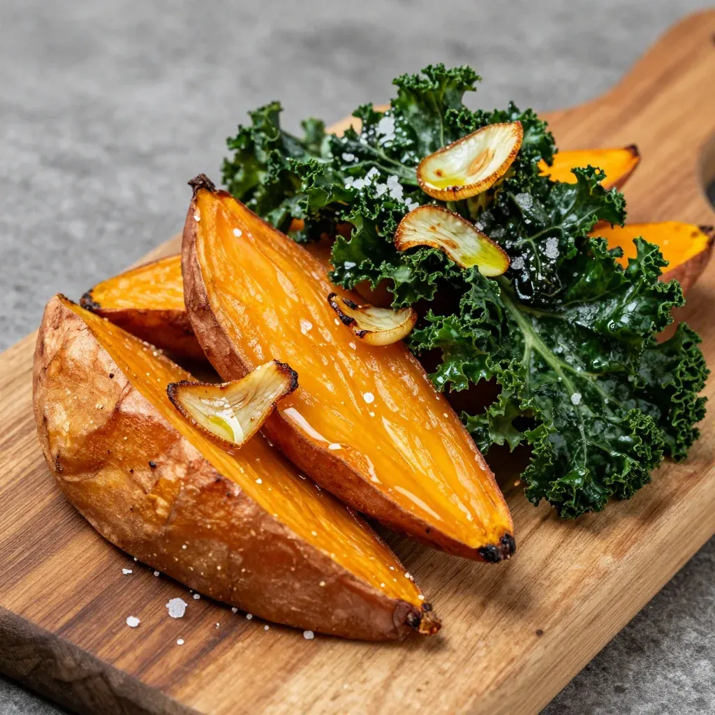 crispy roasted sweet potatoes and kale with garlic for healthy comfort