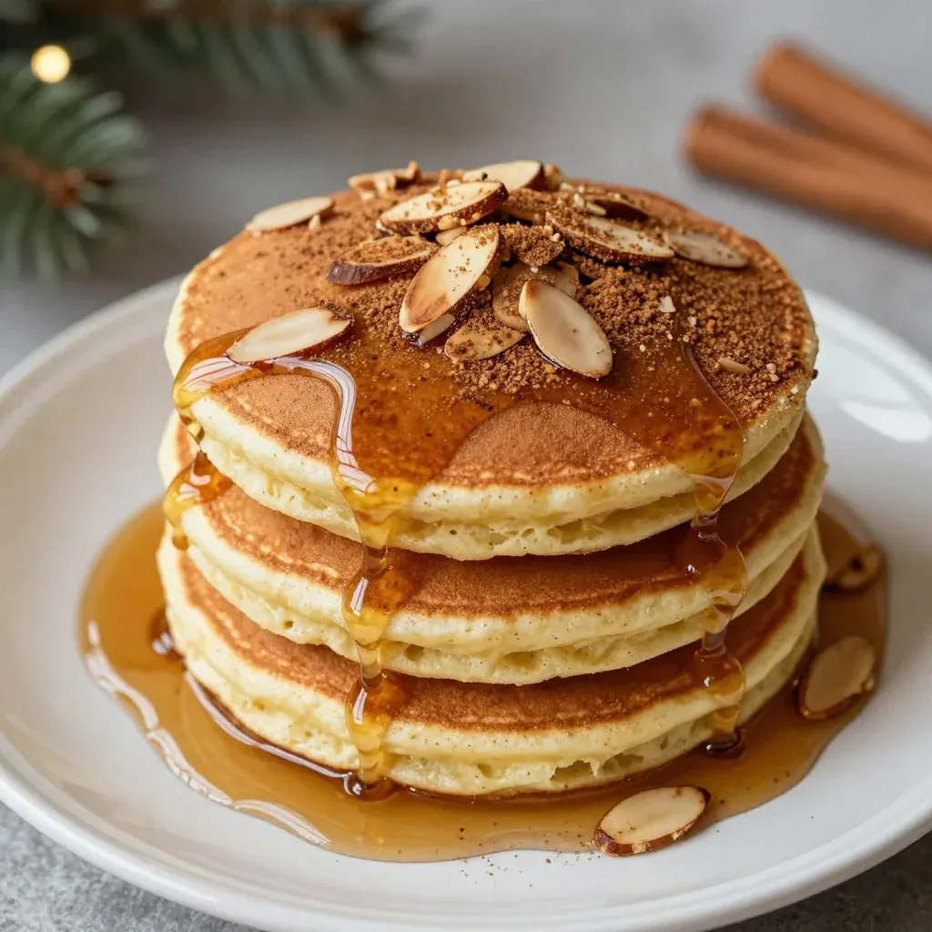 fluffy almond cinnamon pancakes with maple syrup for christmas