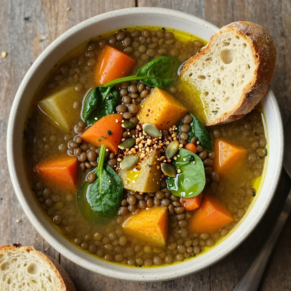 onepot lentil and root vegetable soup with spinach for january