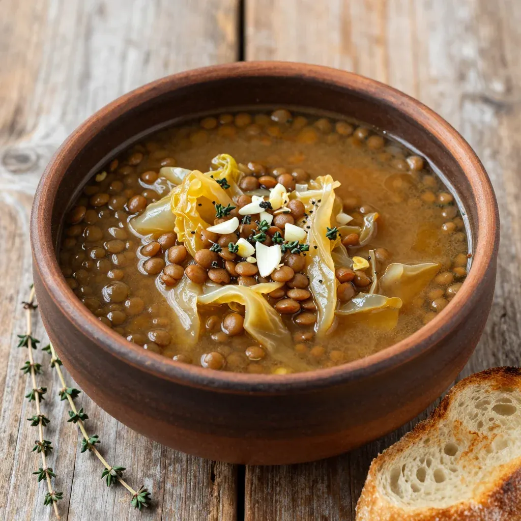 budget friendly one pot lentil and cabbage soup with garlic and thyme
