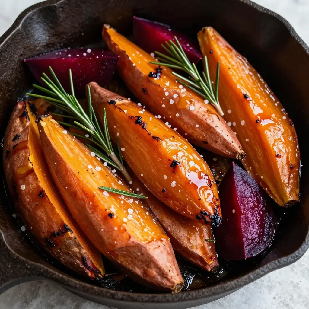 cozy garlic roasted sweet potatoes and beets with rosemary glaze