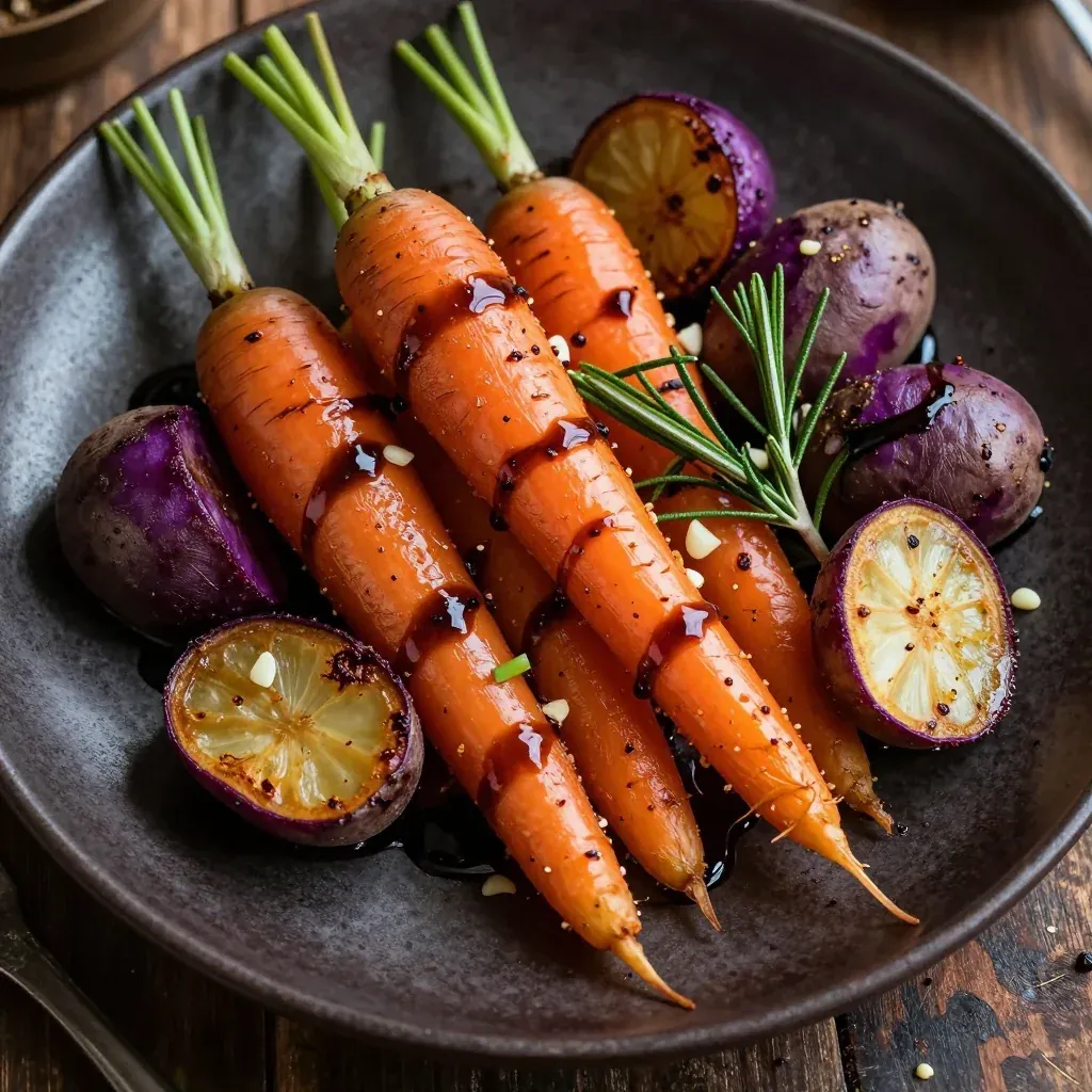 garlic herb roasted root vegetable medley with balsamic glaze