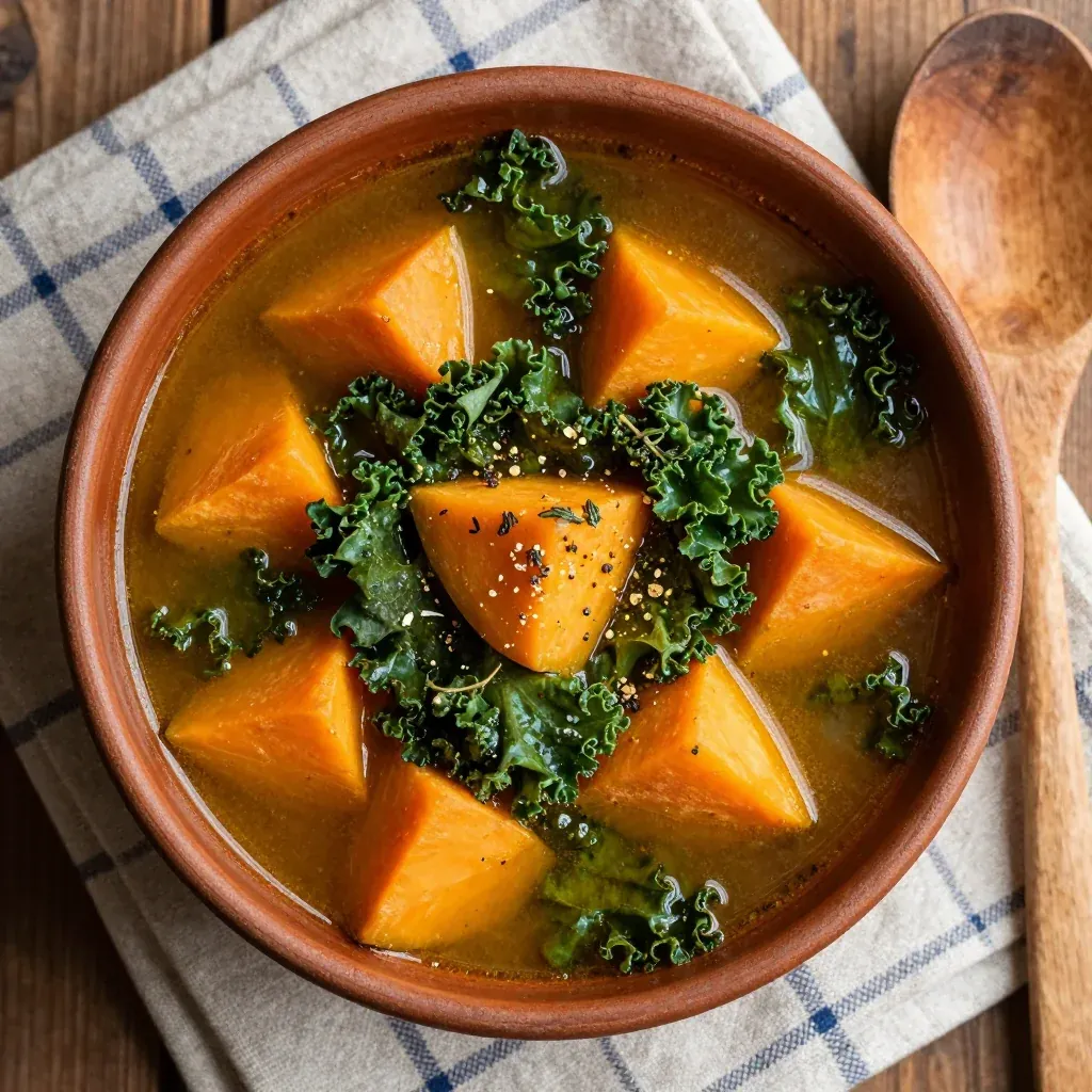 hearty winter vegetable soup with kale and sweet potatoes for family dinners