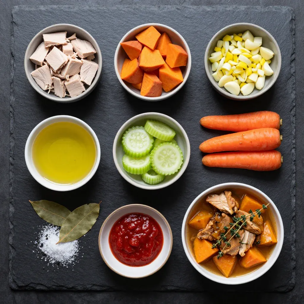Ingredients for batch cooked turkey and sweet potato stew with garlic for healthy suppers