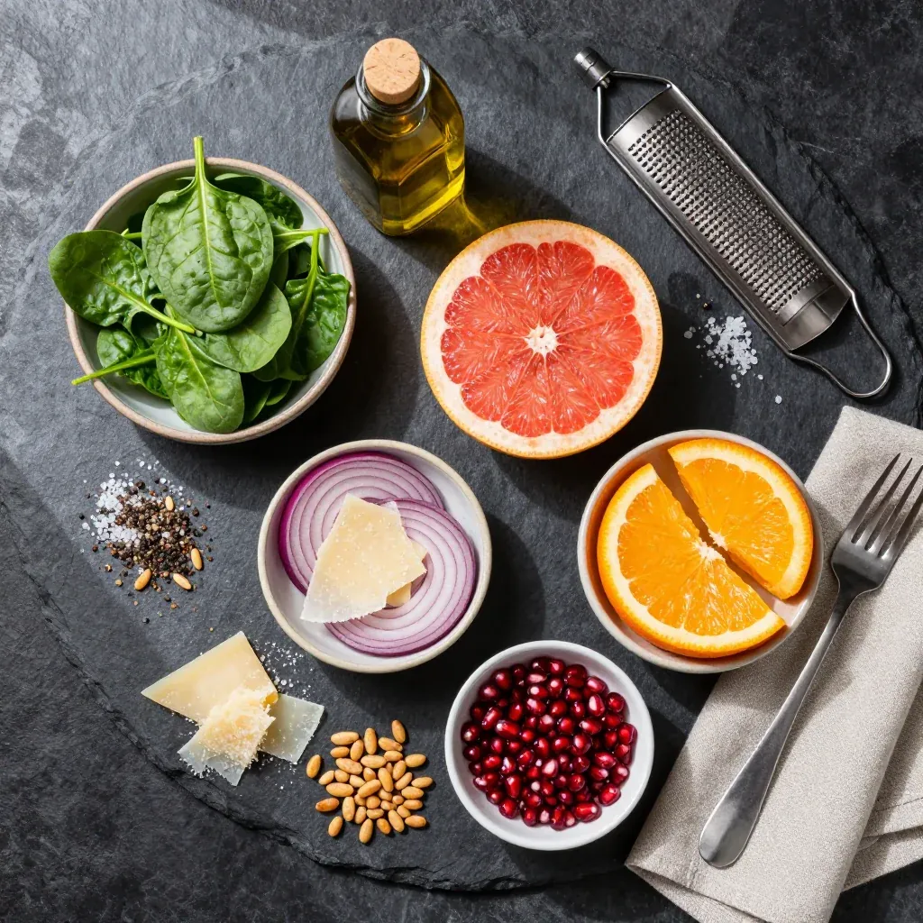 Ingredients for warm spinach and citrus salad with grapefruit for invigorating mornings
