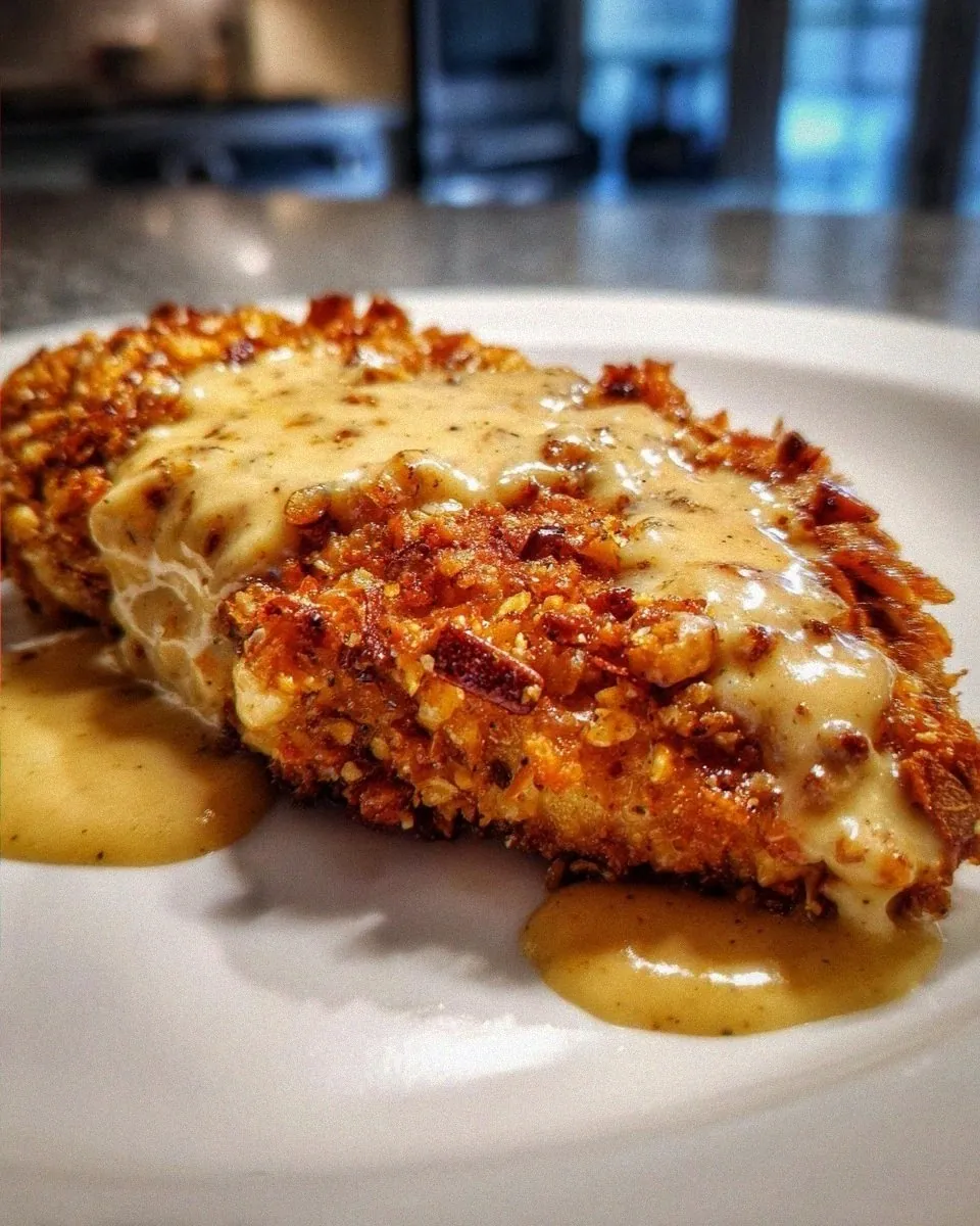 Pretzel Chicken with Mustard-Cheddar Sauce Delight