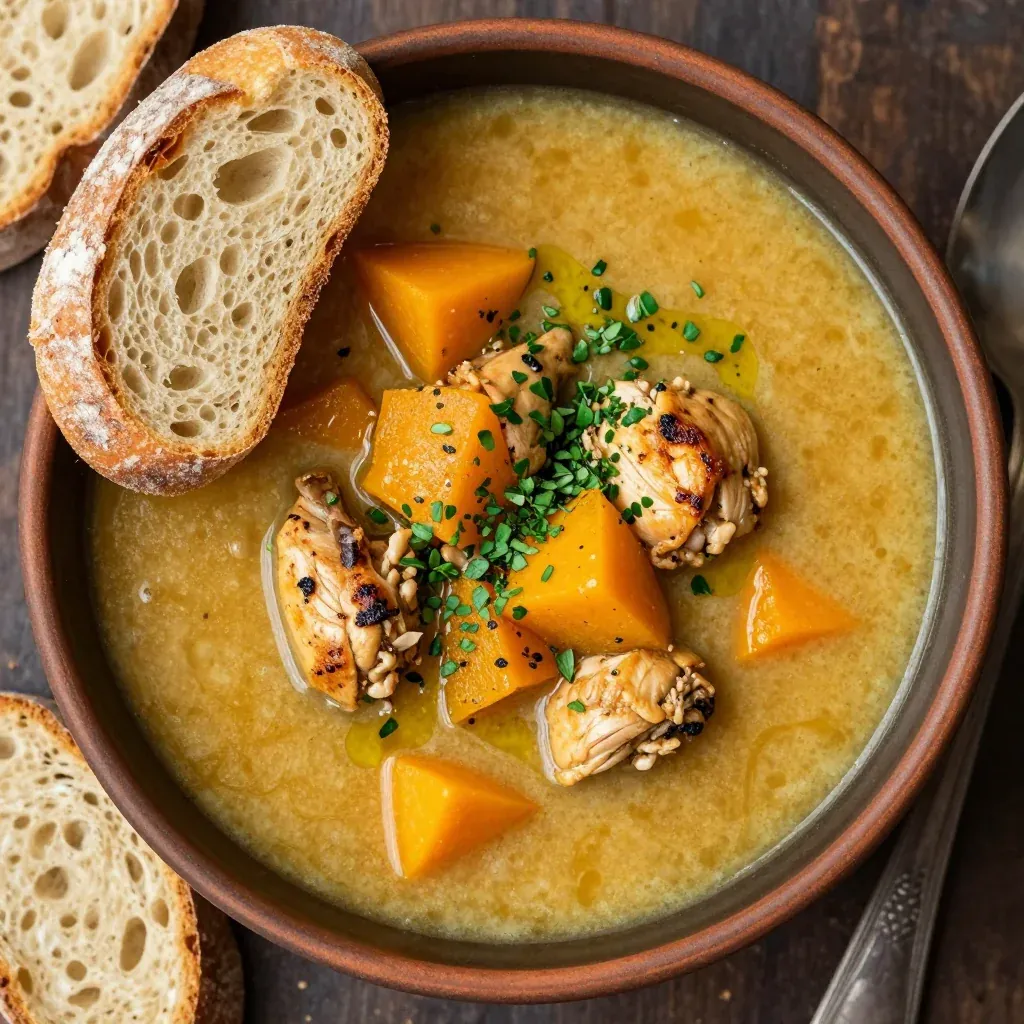 batch cooked chicken and winter squash soup with garlic and herbs