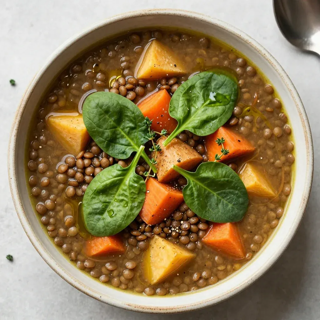 onepot lentil and root vegetable soup with spinach for january