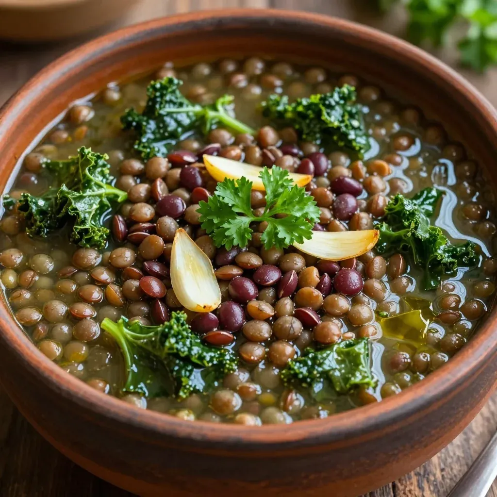 onepot lentil and kale soup with garlic for winter meal prep