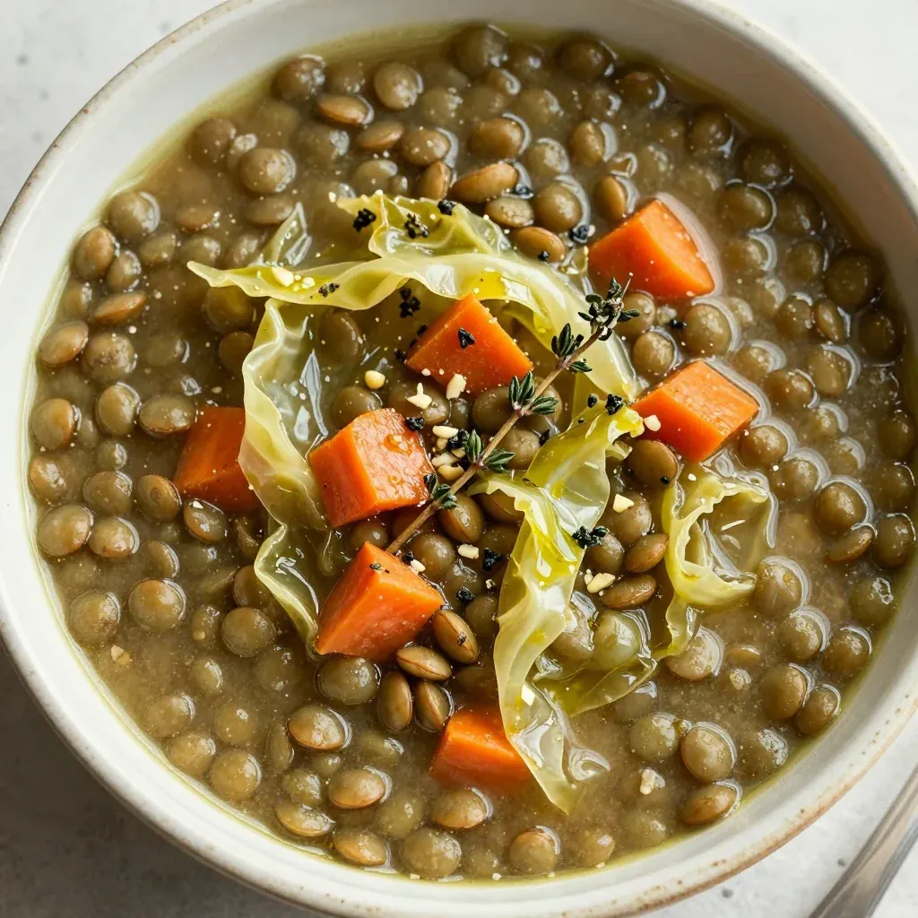 budget friendly one pot lentil and cabbage soup with garlic and thyme